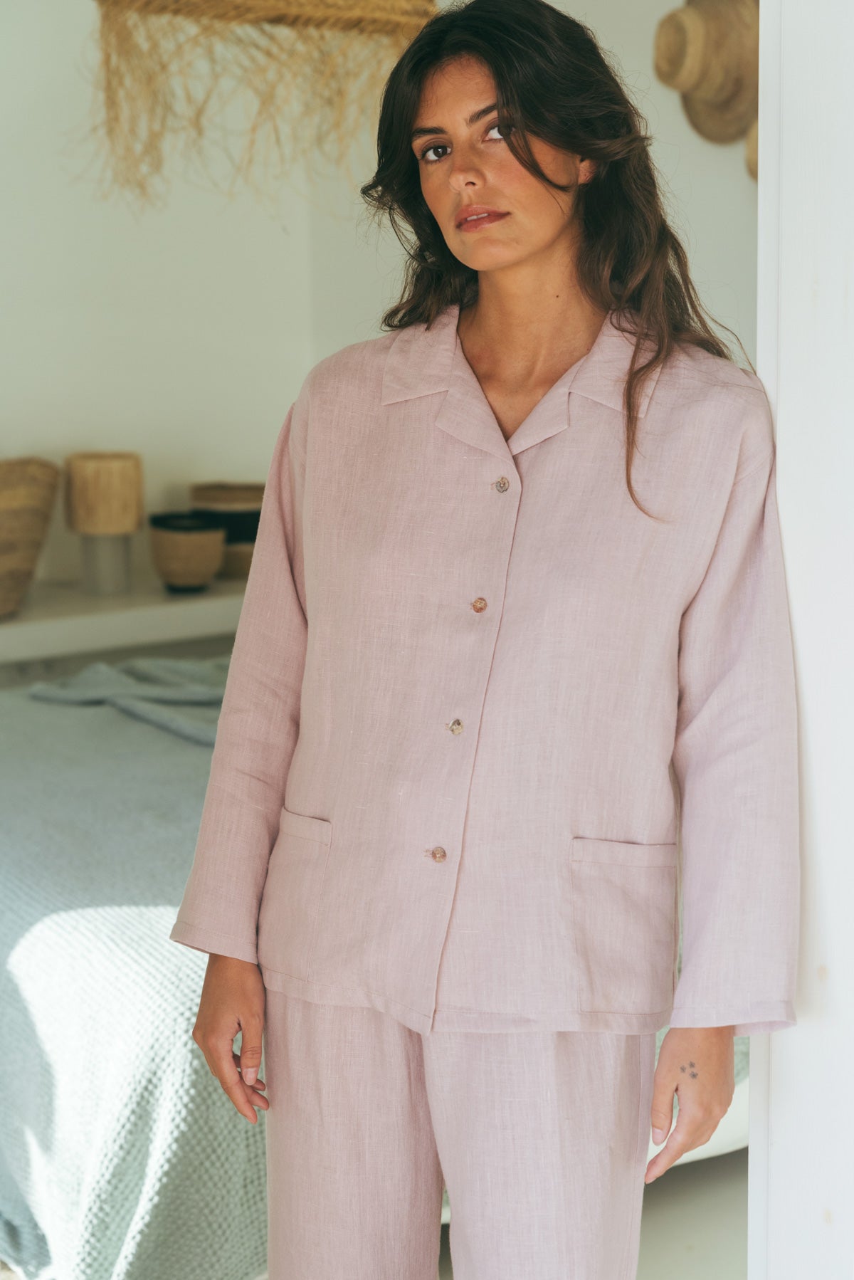 Ensemble pyjama Snooze en lin à manches longues, couleur rose poudré