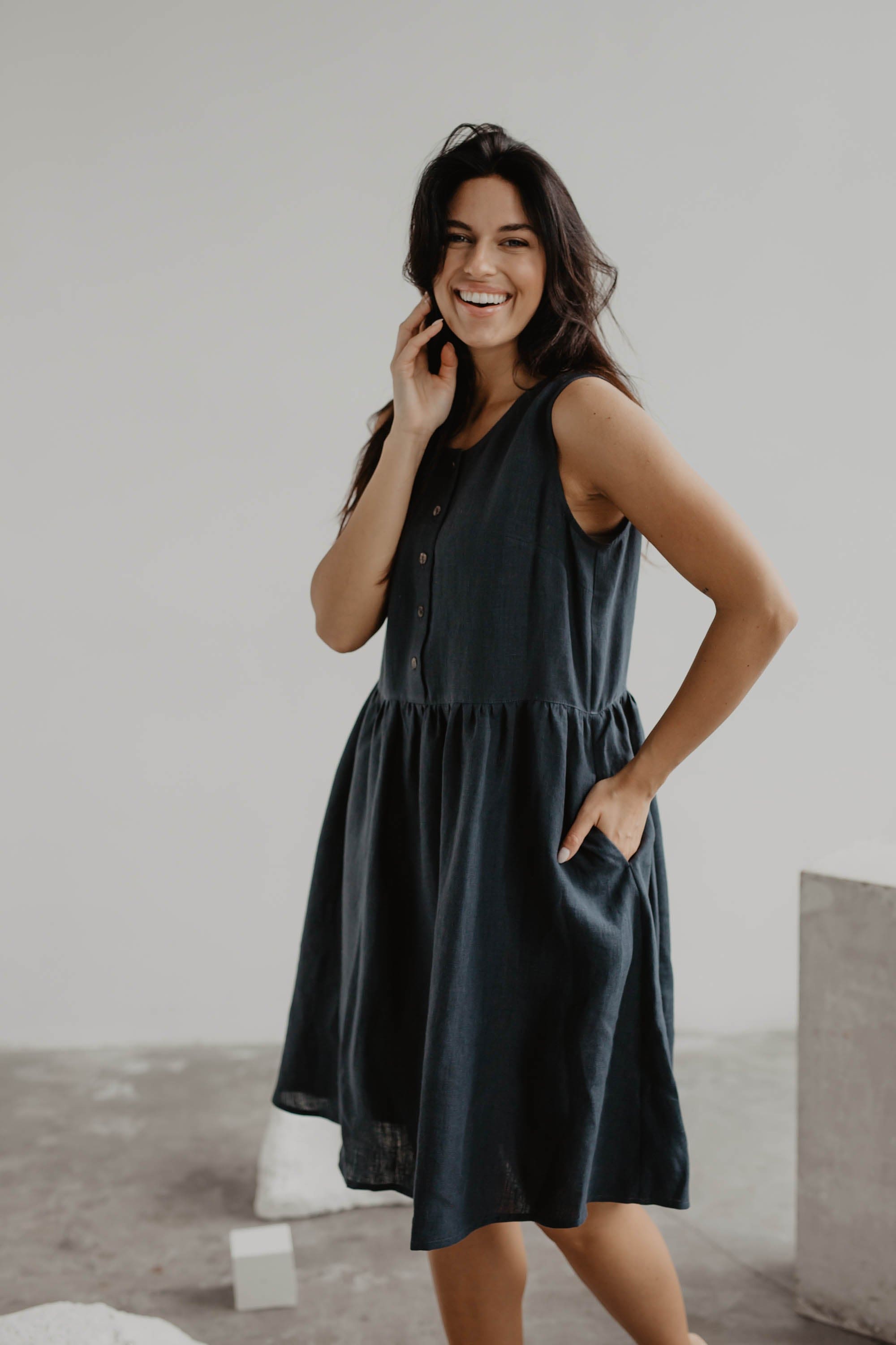 AmourLinen Linen dress Linen sleeveless summer dress HAZEL in Charcoal Linen sleeveless summer dress HAZEL in Charcoal