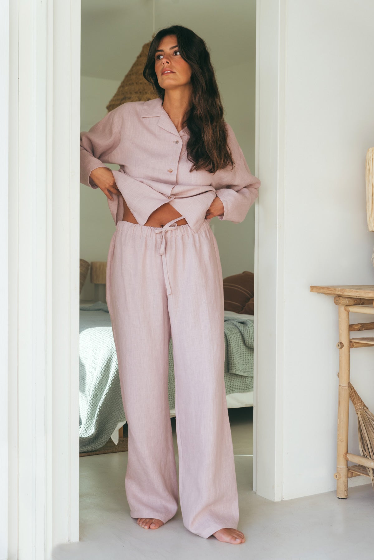 Ensemble pyjama Snooze en lin à manches longues, couleur rose poudré